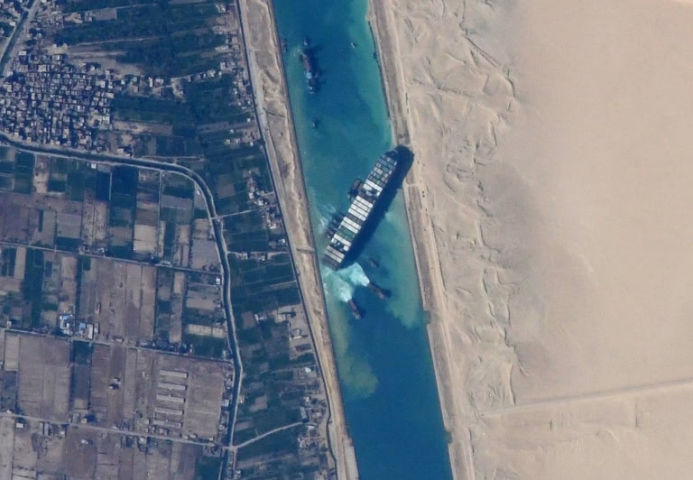 Container ship Ever stuck in Suez Canal viewed from the ISS